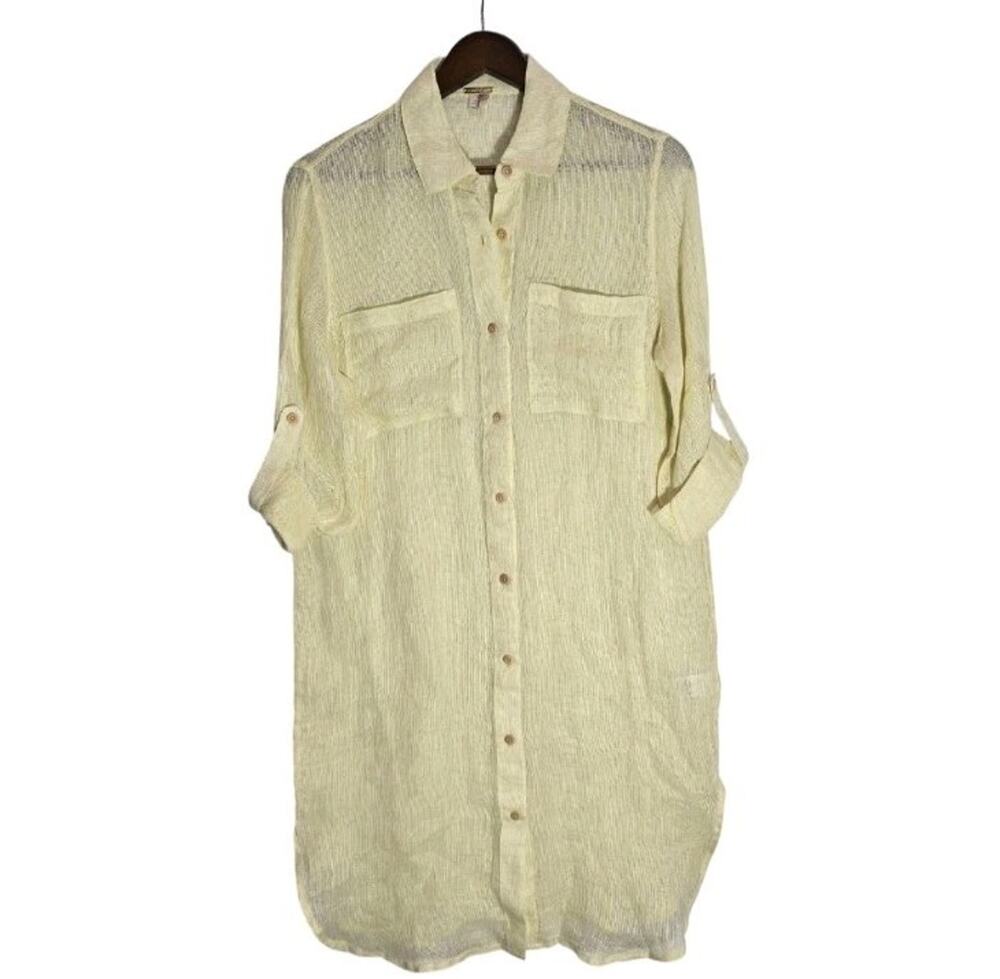 Magaschoni Yellow Linen Shirt Dress Size S P Midi Beach Cover Up Coastal Sheer